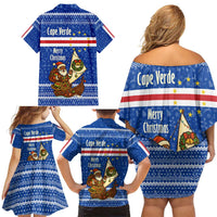 Cape Verde Christmas Family Matching Off Shoulder Short Dress and Hawaiian Shirt with Blue Festive Pattern Sailing Santa and National Emblem Motif - Wonder Print Shop