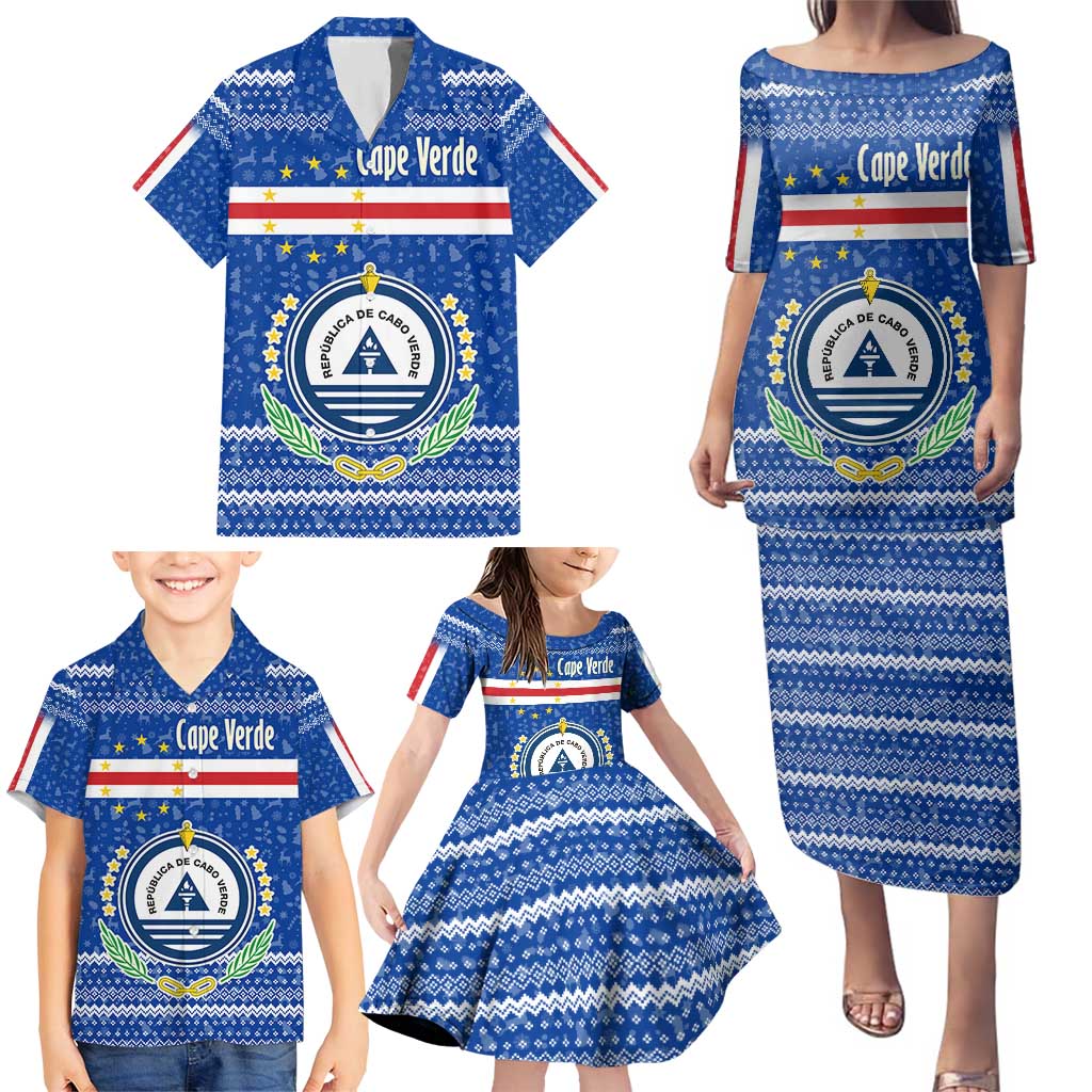Cape Verde Christmas Family Matching Puletasi and Hawaiian Shirt with Blue Festive Pattern Sailing Santa and National Emblem Motif - Wonder Print Shop