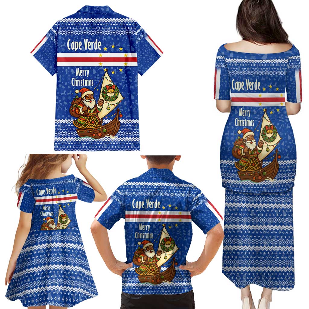 Cape Verde Christmas Family Matching Puletasi and Hawaiian Shirt with Blue Festive Pattern Sailing Santa and National Emblem Motif - Wonder Print Shop