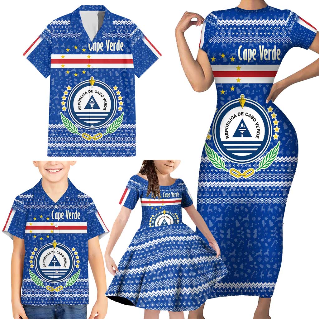 Cape Verde Christmas Family Matching Short Sleeve Bodycon Dress and Hawaiian Shirt with Blue Festive Pattern Sailing Santa and National Emblem Motif - Wonder Print Shop