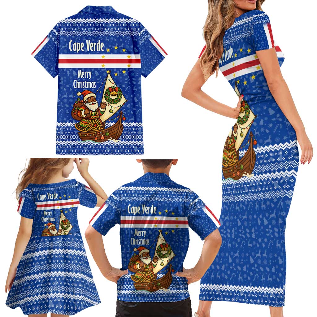 Cape Verde Christmas Family Matching Short Sleeve Bodycon Dress and Hawaiian Shirt with Blue Festive Pattern Sailing Santa and National Emblem Motif - Wonder Print Shop
