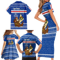 Cape Verde Christmas Family Matching Short Sleeve Bodycon Dress and Hawaiian Shirt with Blue Festive Pattern Sailing Santa and National Emblem Motif - Wonder Print Shop