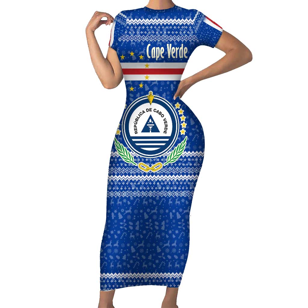 Cape Verde Christmas Family Matching Short Sleeve Bodycon Dress and Hawaiian Shirt with Blue Festive Pattern Sailing Santa and National Emblem Motif - Wonder Print Shop