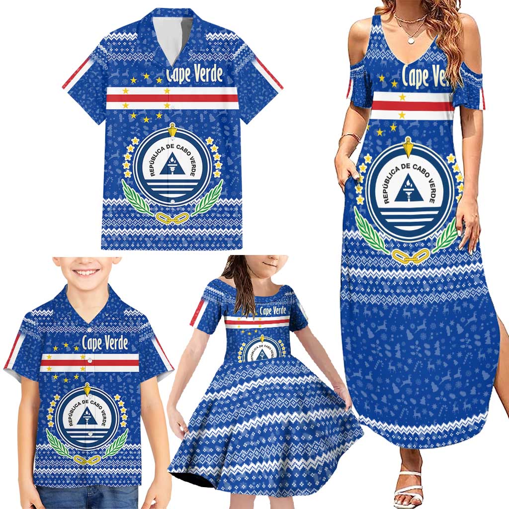 Cape Verde Christmas Family Matching Summer Maxi Dress and Hawaiian Shirt with Blue Festive Pattern Sailing Santa and National Emblem Motif - Wonder Print Shop