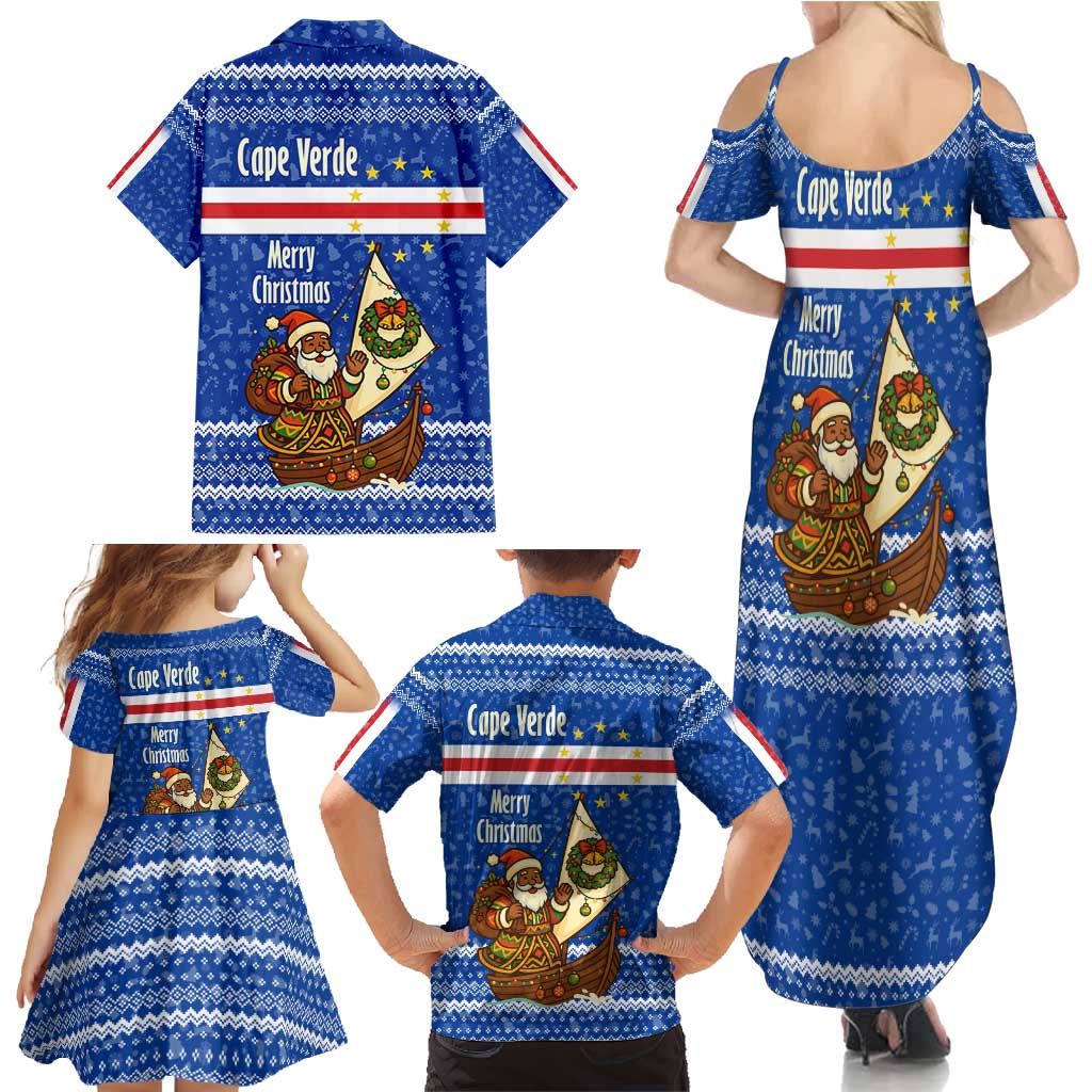 Cape Verde Christmas Family Matching Summer Maxi Dress and Hawaiian Shirt with Blue Festive Pattern Sailing Santa and National Emblem Motif - Wonder Print Shop