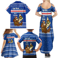 Cape Verde Christmas Family Matching Summer Maxi Dress and Hawaiian Shirt with Blue Festive Pattern Sailing Santa and National Emblem Motif - Wonder Print Shop