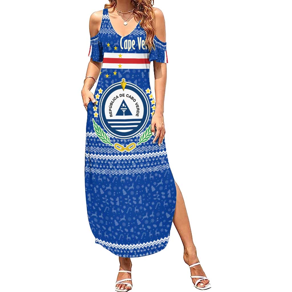 Cape Verde Christmas Family Matching Summer Maxi Dress and Hawaiian Shirt with Blue Festive Pattern Sailing Santa and National Emblem Motif - Wonder Print Shop