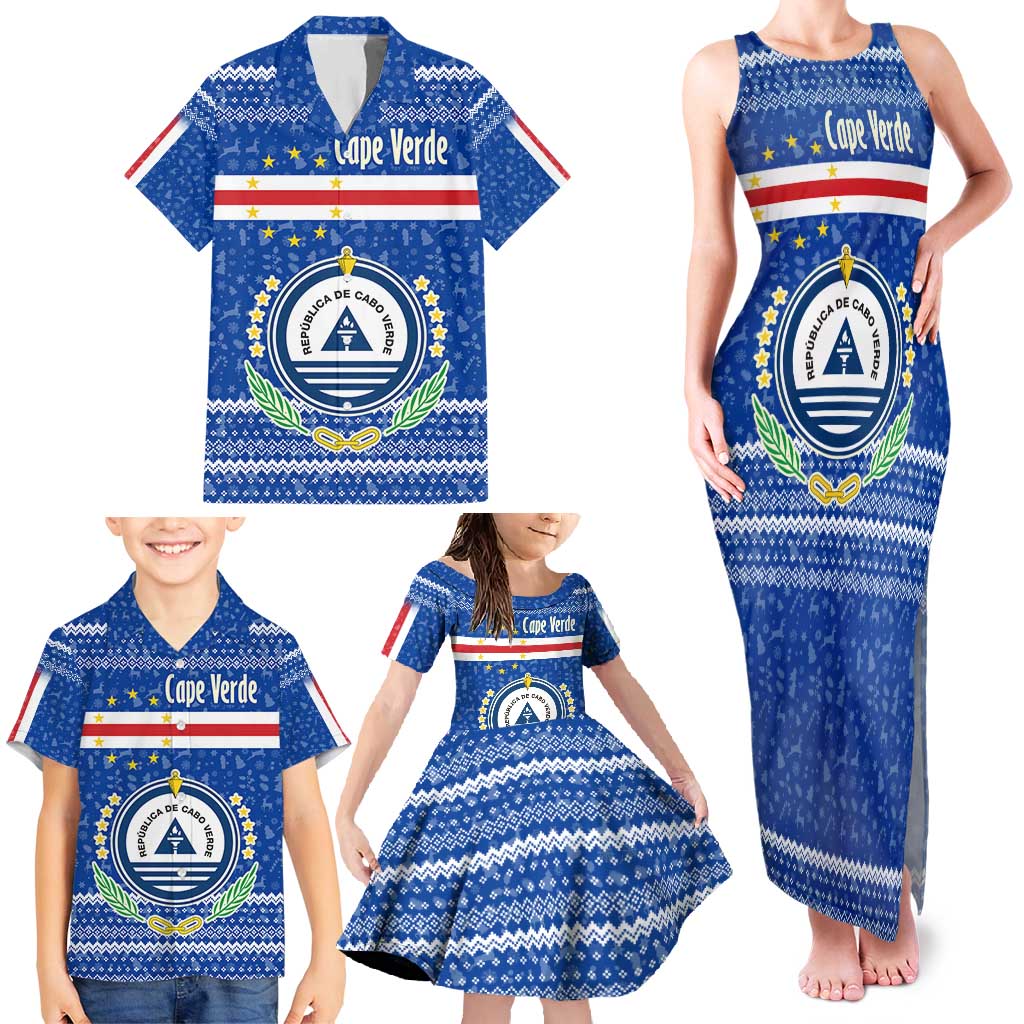 Cape Verde Christmas Family Matching Tank Maxi Dress and Hawaiian Shirt with Blue Festive Pattern Sailing Santa and National Emblem Motif - Wonder Print Shop