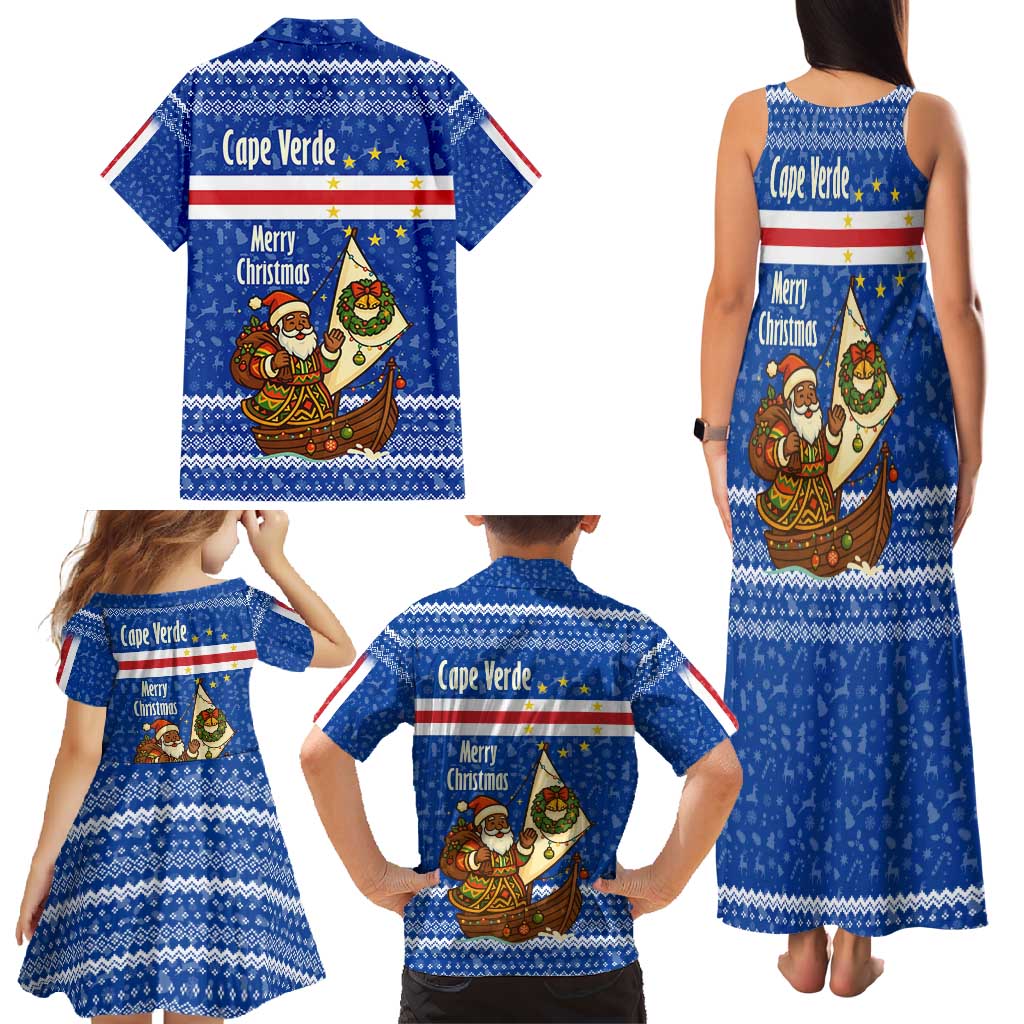 Cape Verde Christmas Family Matching Tank Maxi Dress and Hawaiian Shirt with Blue Festive Pattern Sailing Santa and National Emblem Motif - Wonder Print Shop