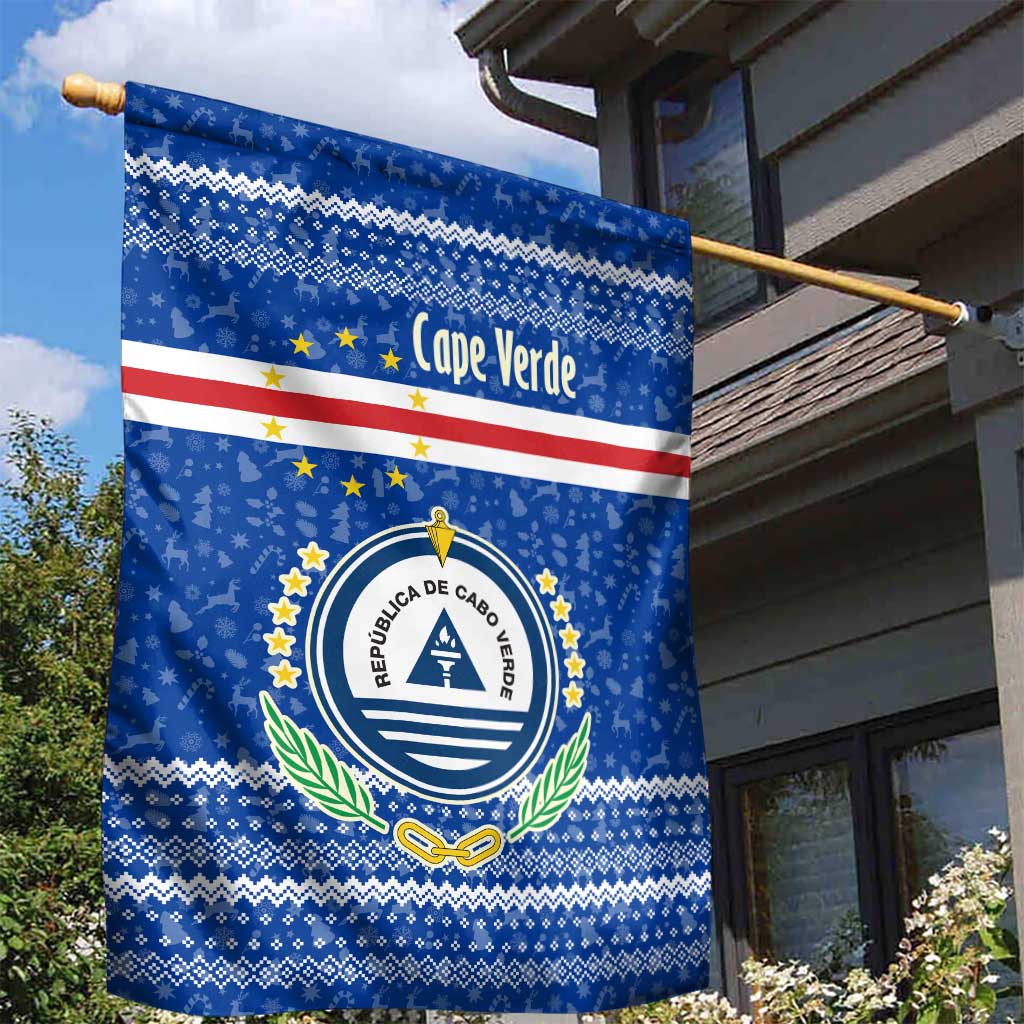 Cape Verde Christmas Garden Flag with Blue Festive Pattern Sailing Santa and National Emblem Motif - Wonder Print Shop
