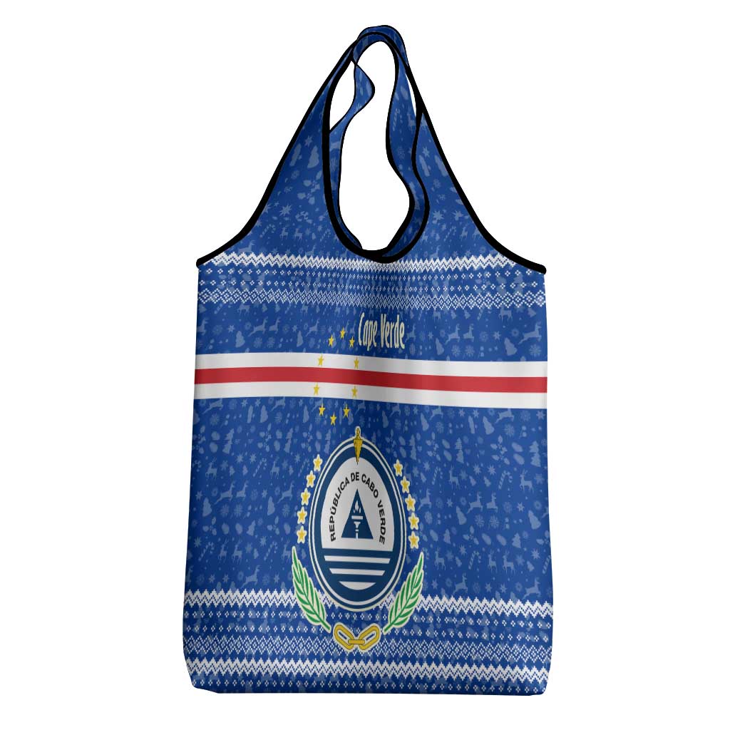 Cape Verde Christmas Grocery Bag with Blue Festive Pattern Sailing Santa and National Emblem Motif - Wonder Print Shop
