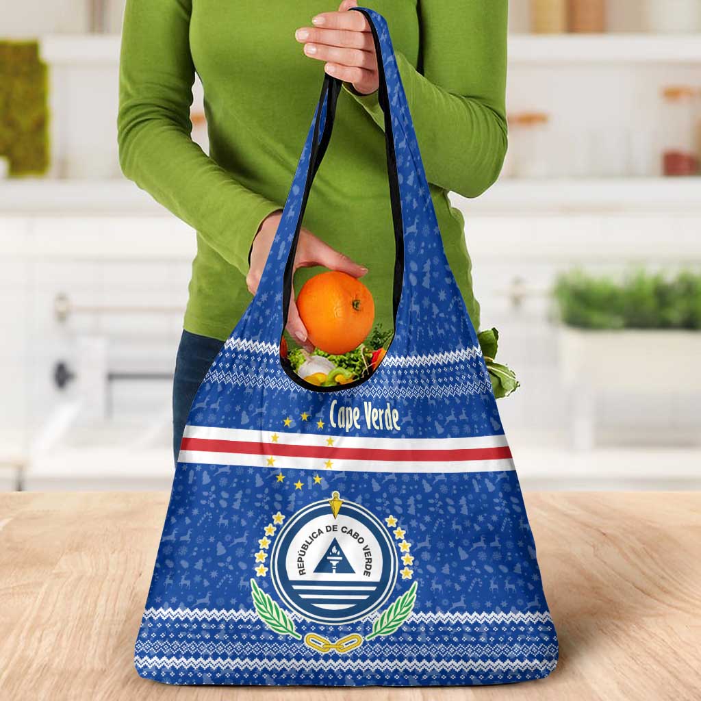 Cape Verde Christmas Grocery Bag with Blue Festive Pattern Sailing Santa and National Emblem Motif - Wonder Print Shop