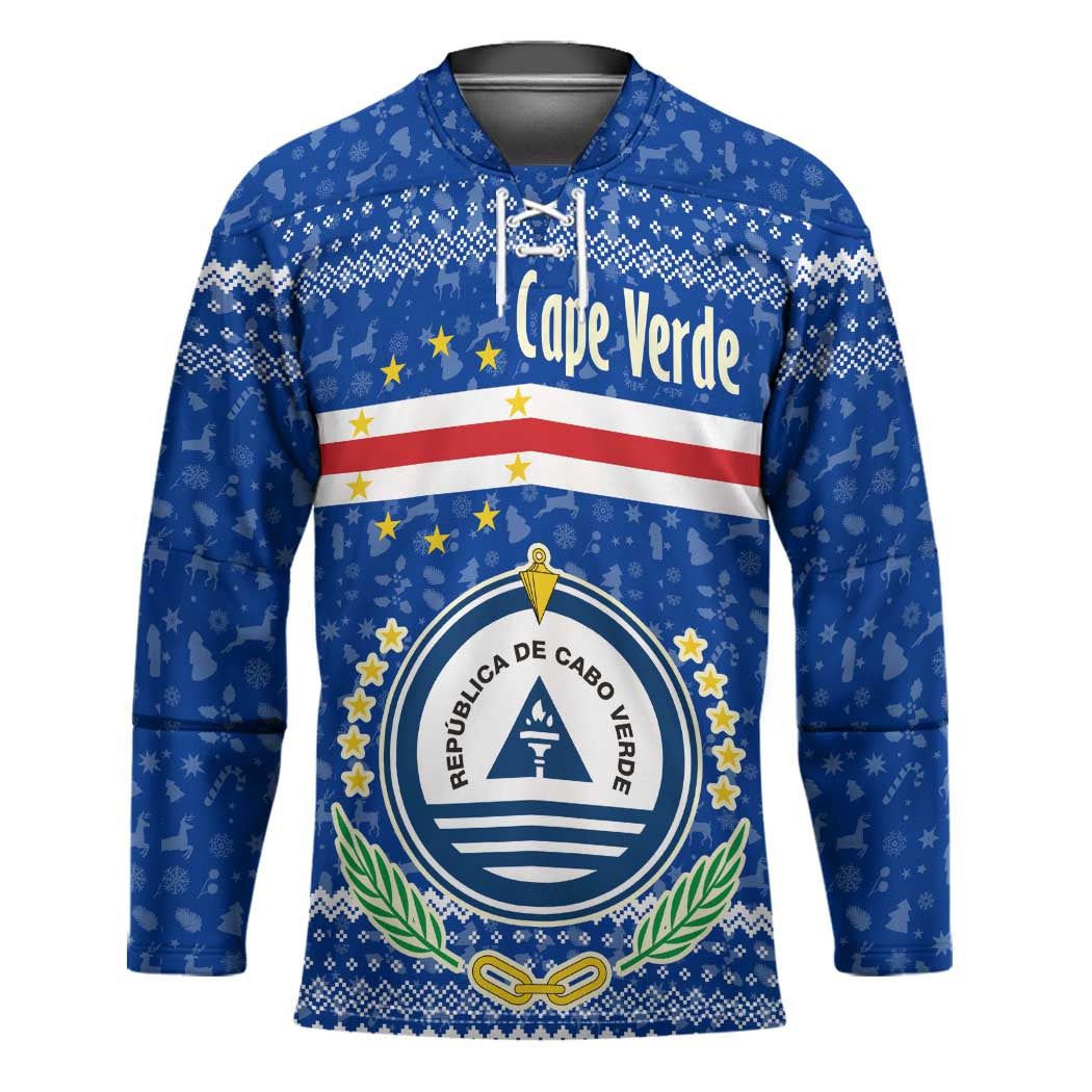Cape Verde Christmas Hockey Jersey with Blue Festive Pattern Sailing Santa and National Emblem Motif - Wonder Print Shop