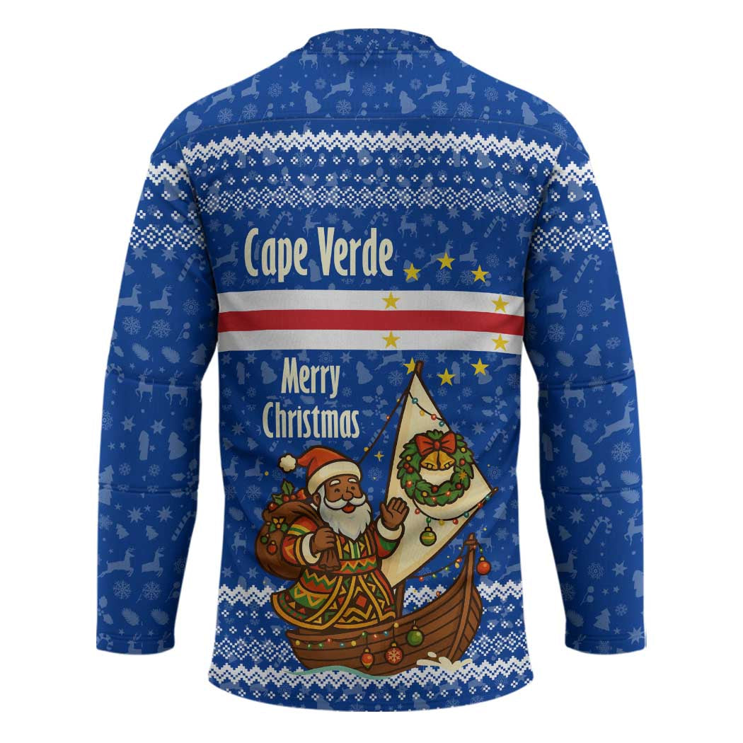 Cape Verde Christmas Hockey Jersey with Blue Festive Pattern Sailing Santa and National Emblem Motif - Wonder Print Shop