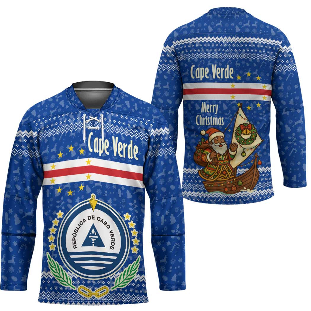 Cape Verde Christmas Hockey Jersey with Blue Festive Pattern Sailing Santa and National Emblem Motif - Wonder Print Shop