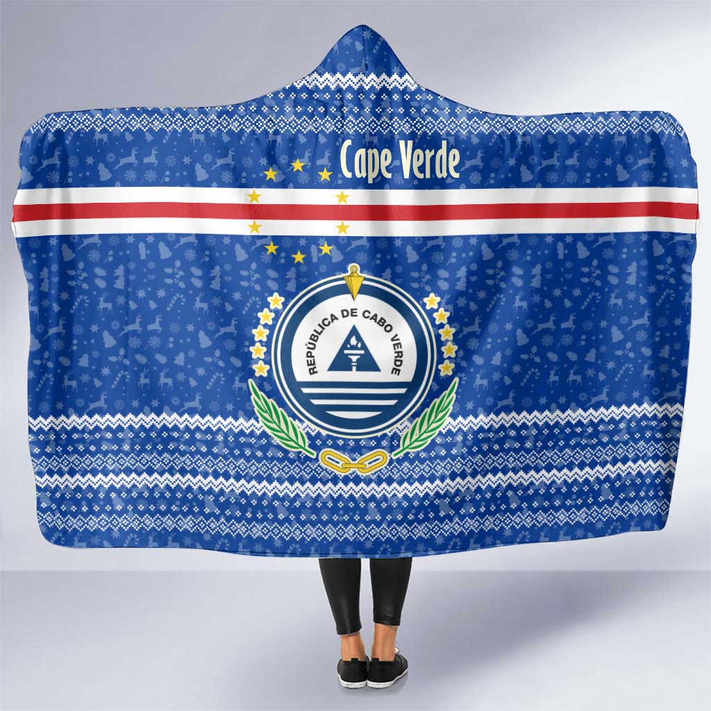 Cape Verde Christmas Hooded Blanket with Blue Festive Pattern Sailing Santa and National Emblem Motif - Wonder Print Shop