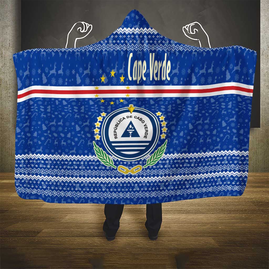 Cape Verde Christmas Hooded Blanket with Blue Festive Pattern Sailing Santa and National Emblem Motif - Wonder Print Shop