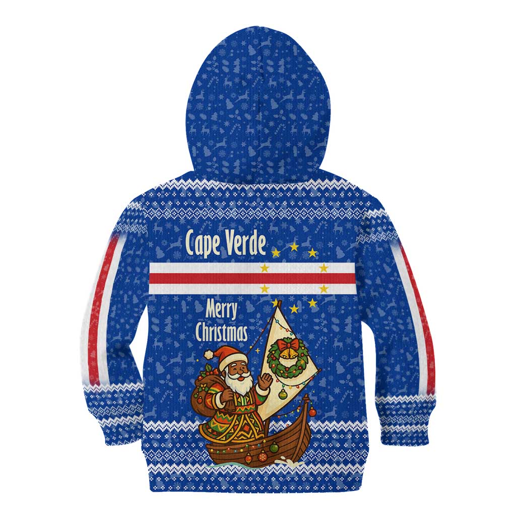 Cape Verde Christmas Kid Hoodie with Blue Festive Pattern Sailing Santa and National Emblem Motif - Wonder Print Shop