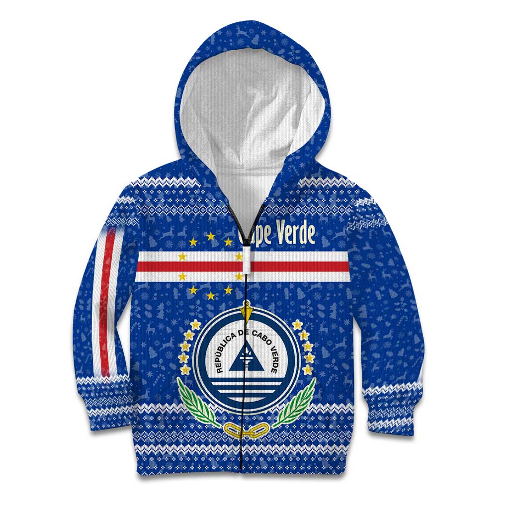 Cape Verde Christmas Kid Hoodie with Blue Festive Pattern Sailing Santa and National Emblem Motif - Wonder Print Shop