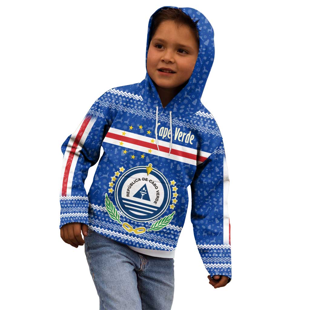 Cape Verde Christmas Kid Hoodie with Blue Festive Pattern Sailing Santa and National Emblem Motif - Wonder Print Shop