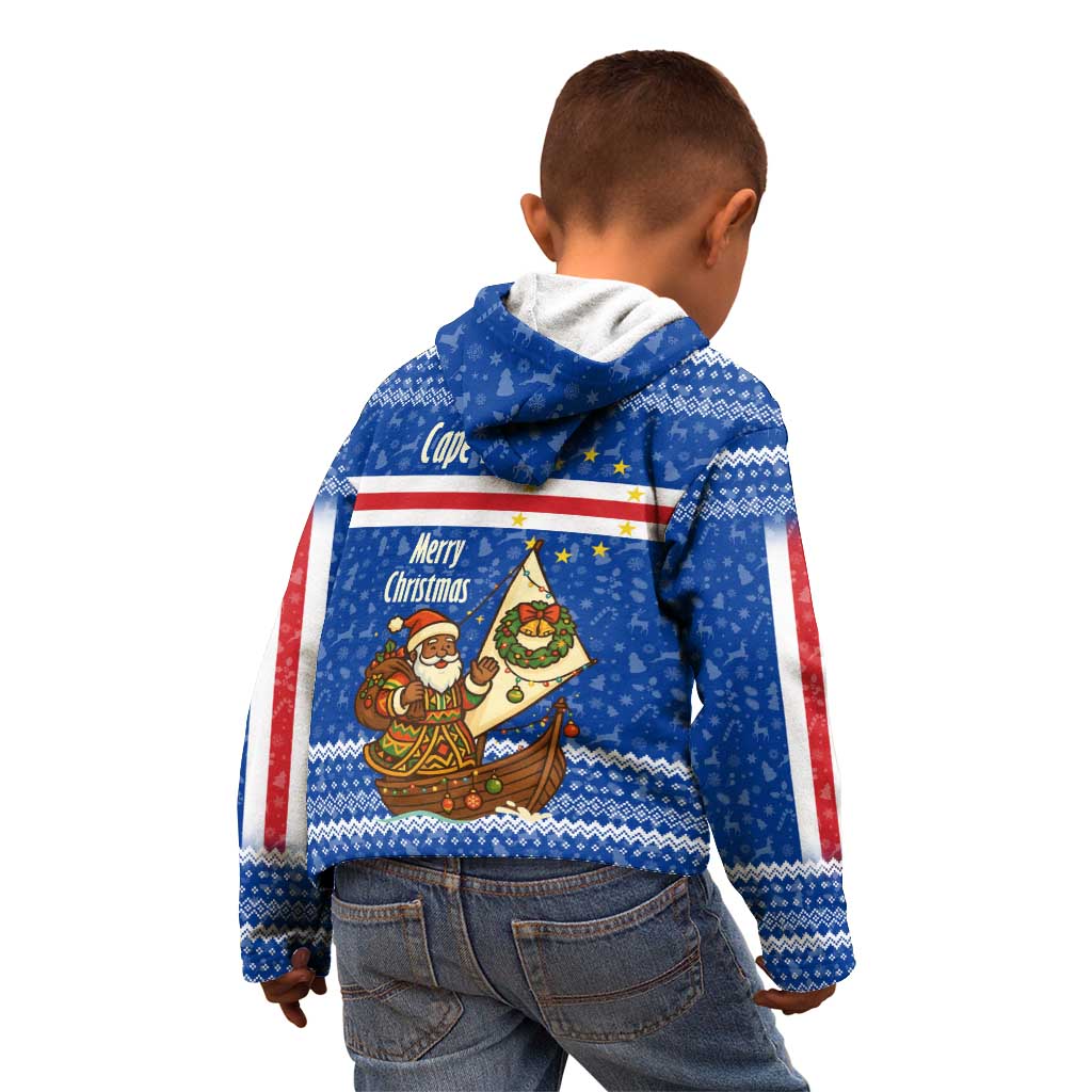 Cape Verde Christmas Kid Hoodie with Blue Festive Pattern Sailing Santa and National Emblem Motif - Wonder Print Shop