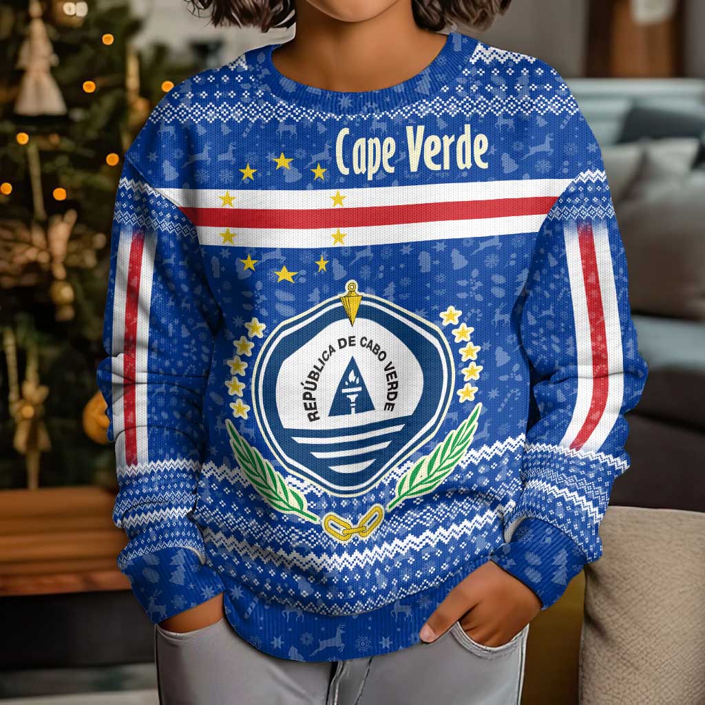 Cape Verde Christmas Kid Ugly Christmas Sweater with Blue Festive Pattern Sailing Santa and National Emblem Motif - Wonder Print Shop