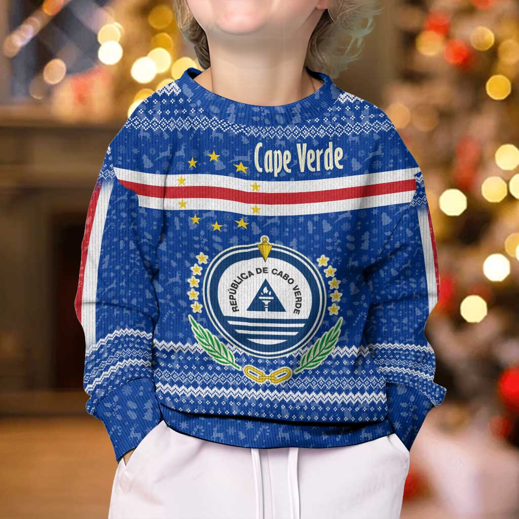 Cape Verde Christmas Kid Ugly Christmas Sweater with Blue Festive Pattern Sailing Santa and National Emblem Motif - Wonder Print Shop