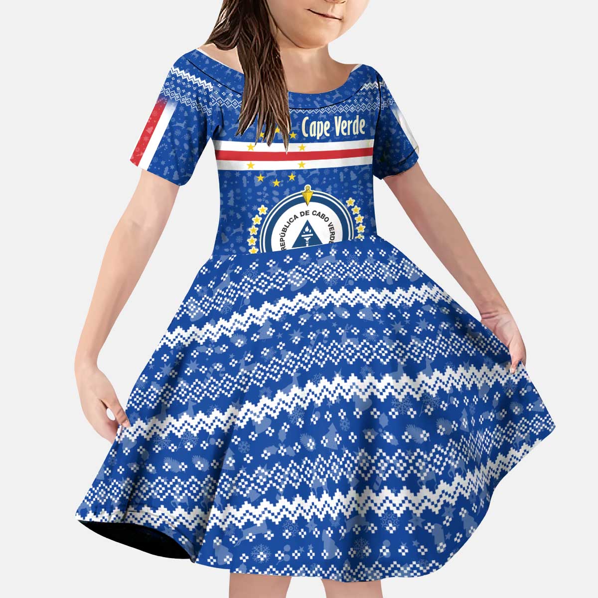 Cape Verde Christmas Kid Short Sleeve Dress with Blue Festive Pattern Sailing Santa and National Emblem Motif - Wonder Print Shop
