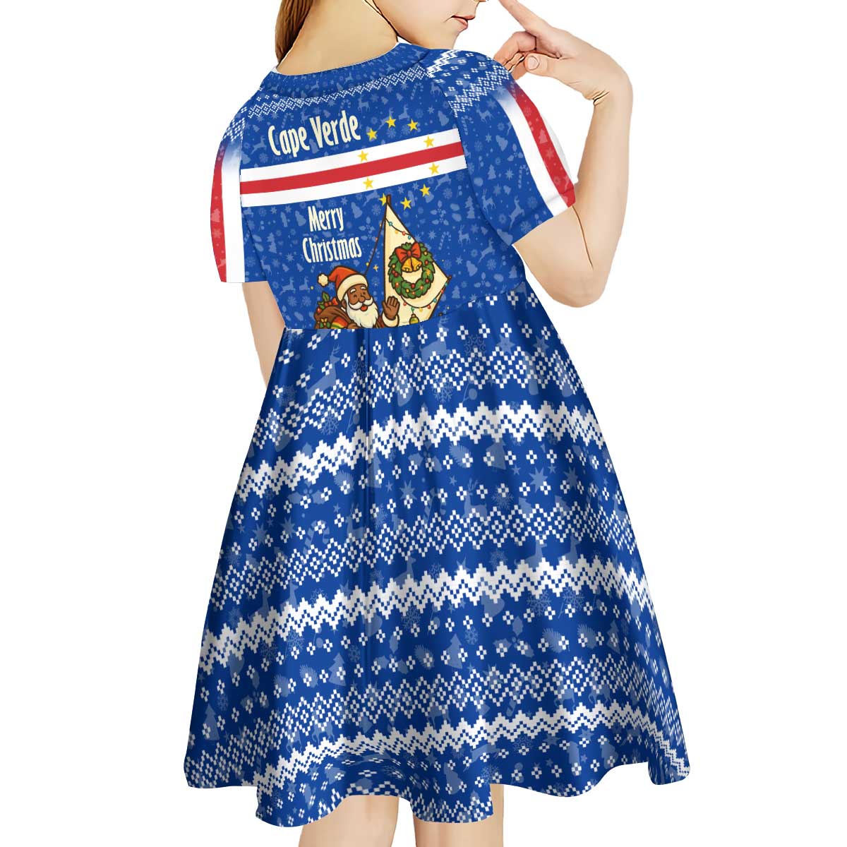 Cape Verde Christmas Kid Short Sleeve Dress with Blue Festive Pattern Sailing Santa and National Emblem Motif - Wonder Print Shop