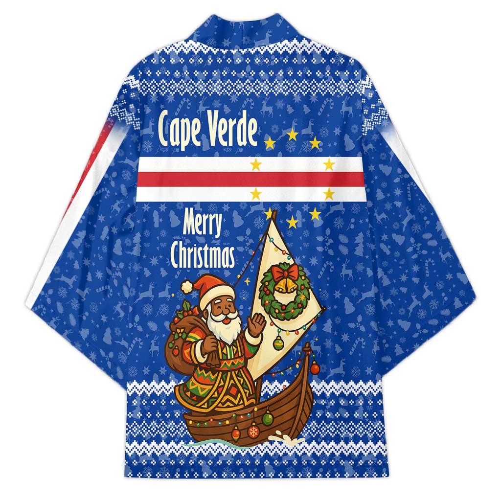 Cape Verde Christmas Kimono with Blue Festive Pattern Sailing Santa and National Emblem Motif - Wonder Print Shop