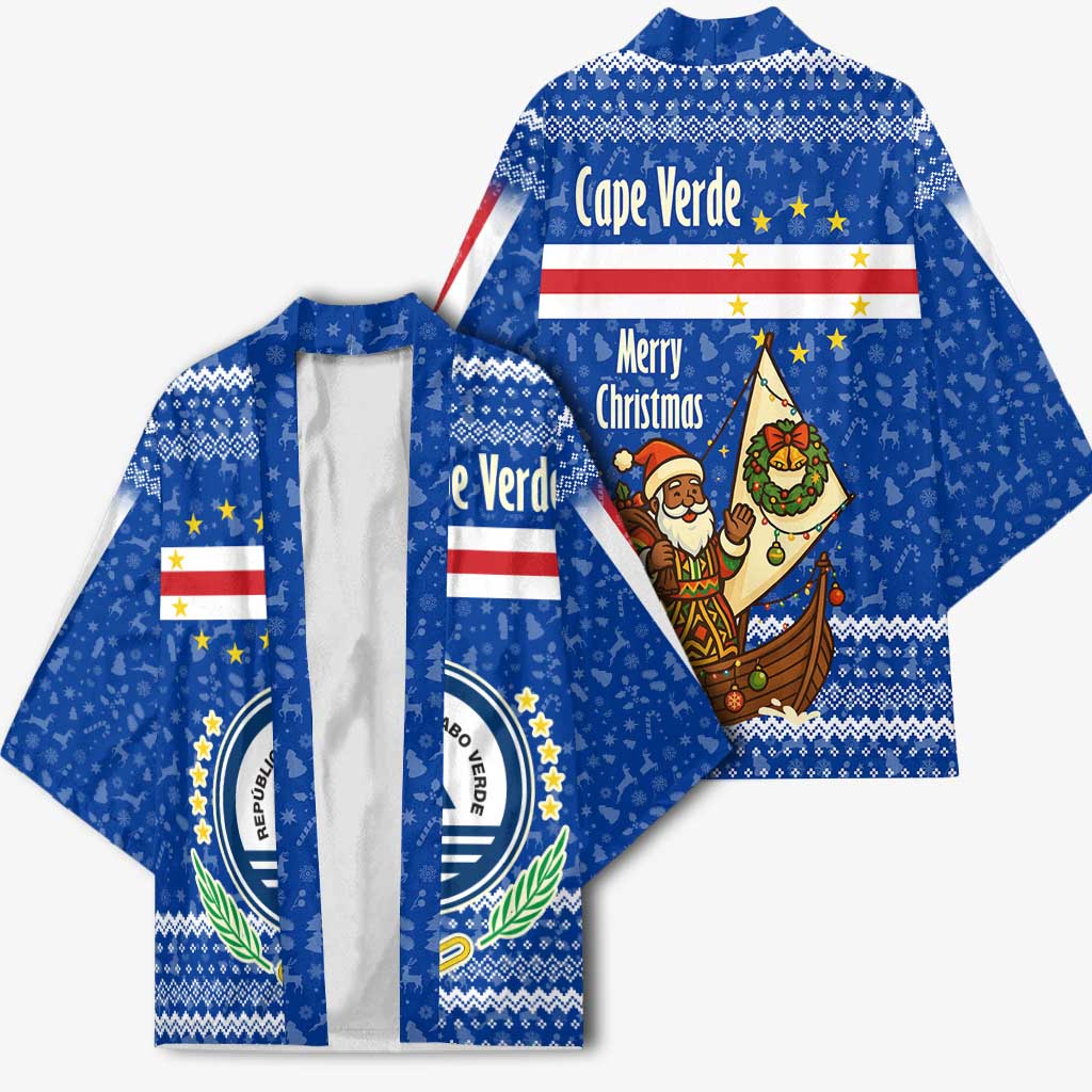 Cape Verde Christmas Kimono with Blue Festive Pattern Sailing Santa and National Emblem Motif - Wonder Print Shop