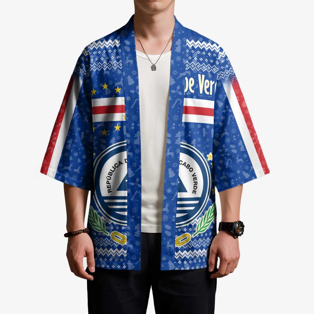 Cape Verde Christmas Kimono with Blue Festive Pattern Sailing Santa and National Emblem Motif - Wonder Print Shop