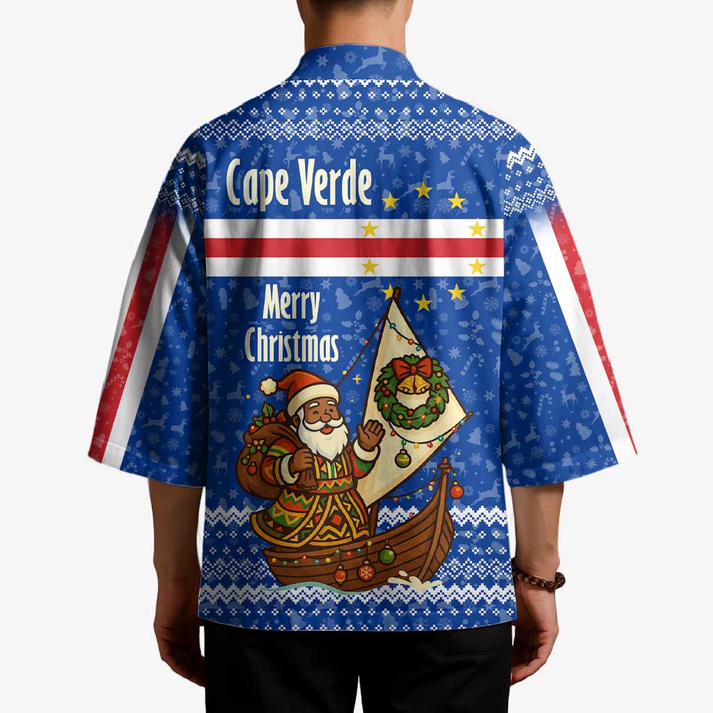 Cape Verde Christmas Kimono with Blue Festive Pattern Sailing Santa and National Emblem Motif - Wonder Print Shop