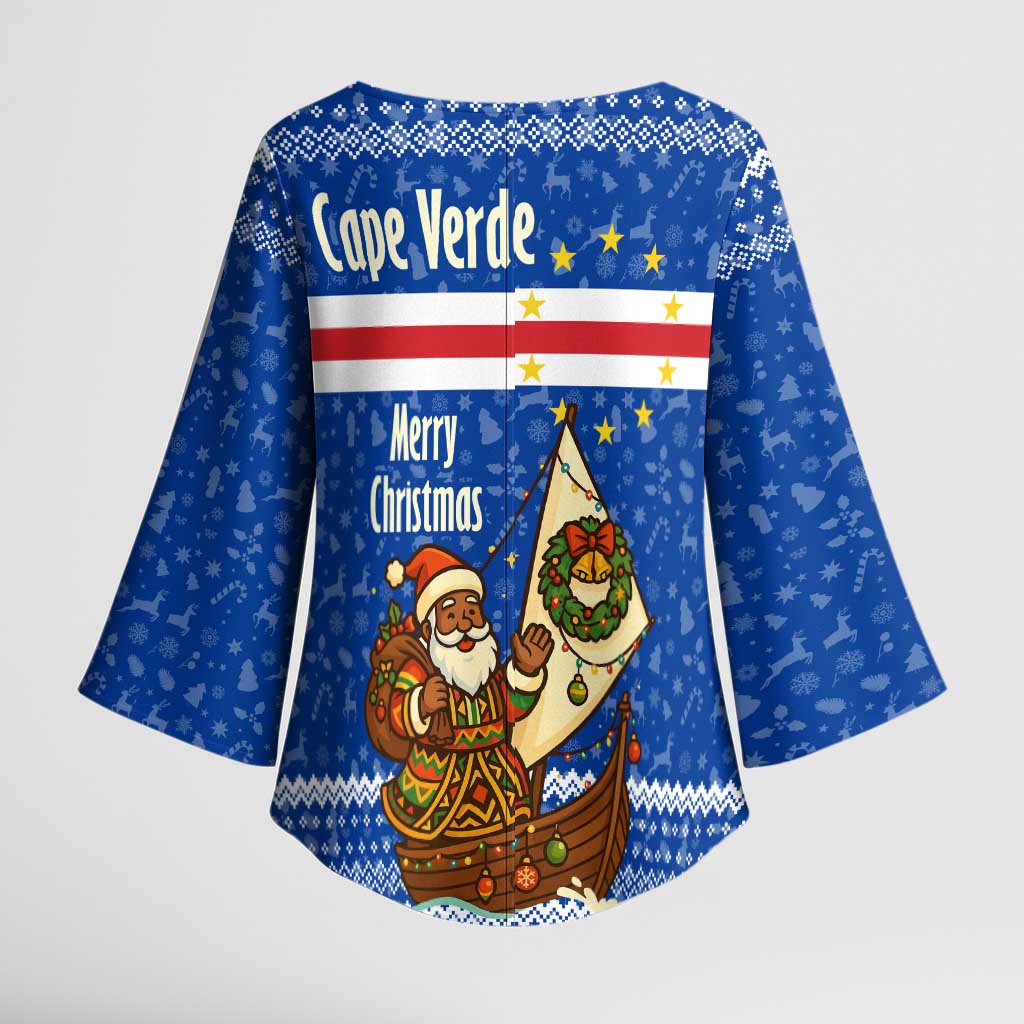 Cape Verde Christmas Kimono Sleeve Blouse with Blue Festive Pattern Sailing Santa and National Emblem Motif - Wonder Print Shop