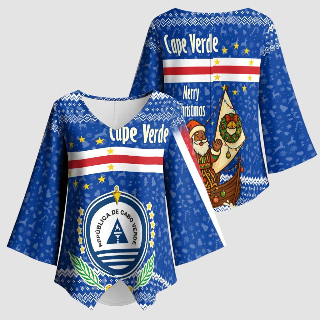 Cape Verde Christmas Kimono Sleeve Blouse with Blue Festive Pattern Sailing Santa and National Emblem Motif - Wonder Print Shop