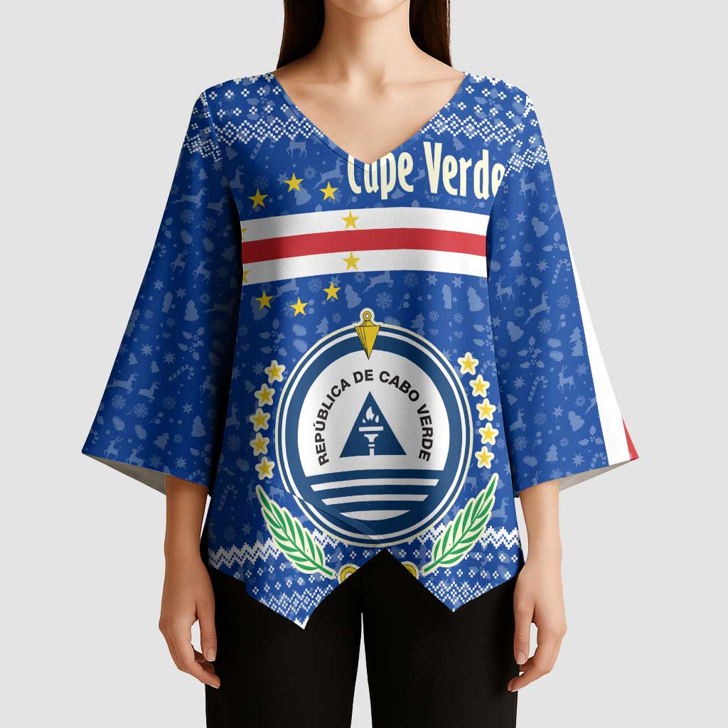 Cape Verde Christmas Kimono Sleeve Blouse with Blue Festive Pattern Sailing Santa and National Emblem Motif - Wonder Print Shop