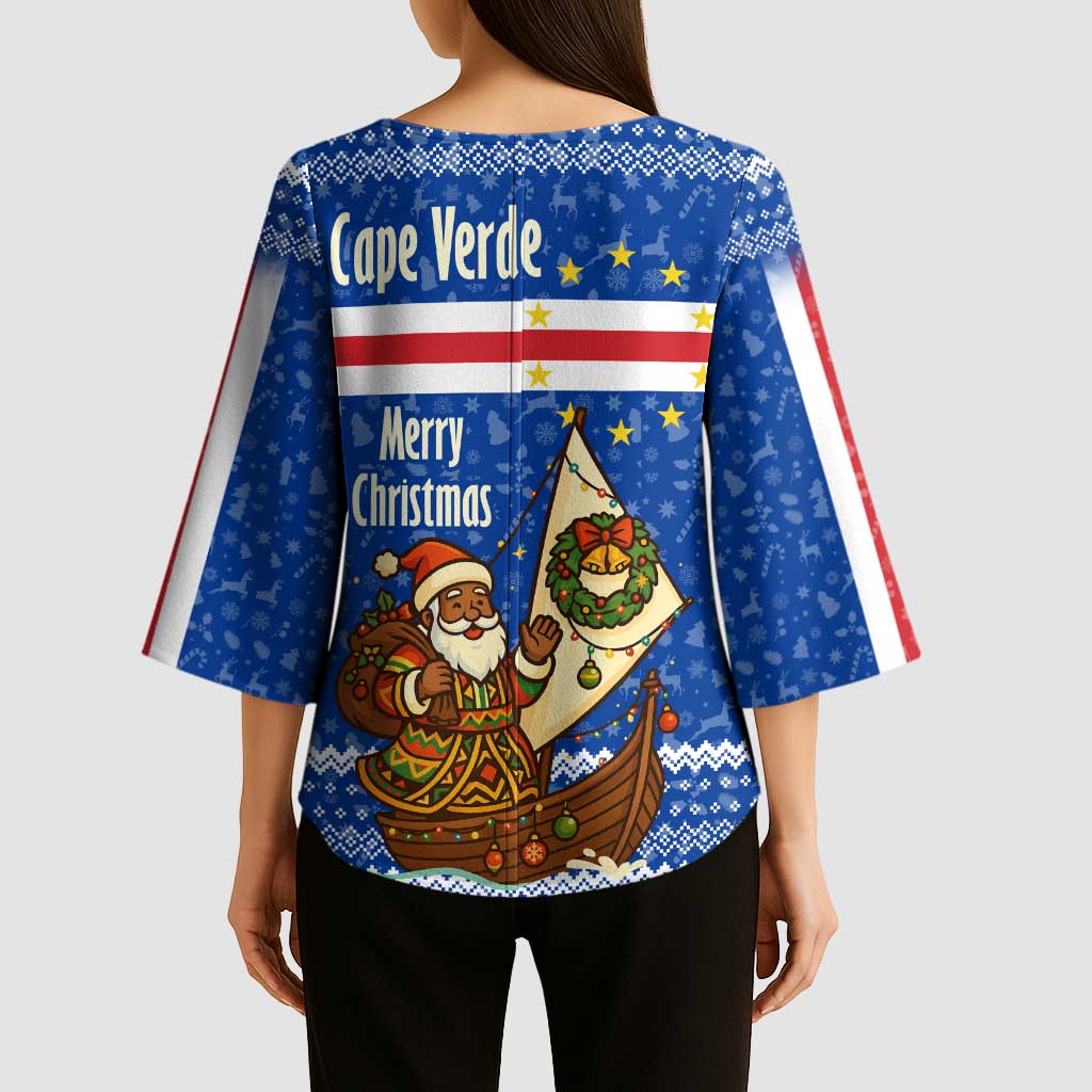 Cape Verde Christmas Kimono Sleeve Blouse with Blue Festive Pattern Sailing Santa and National Emblem Motif - Wonder Print Shop