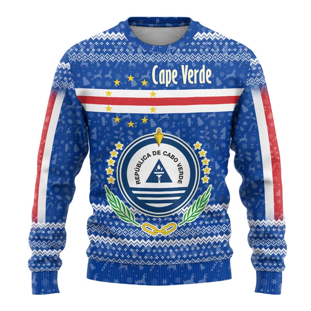 Cape Verde Christmas Ugly Christmas Sweater with Blue Festive Pattern Sailing Santa and National Emblem Motif - Wonder Print Shop