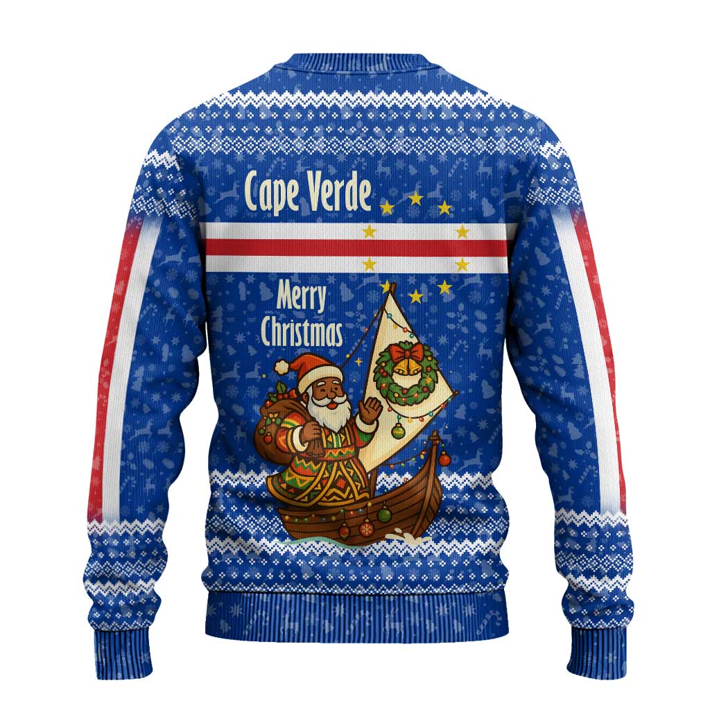 Cape Verde Christmas Ugly Christmas Sweater with Blue Festive Pattern Sailing Santa and National Emblem Motif - Wonder Print Shop