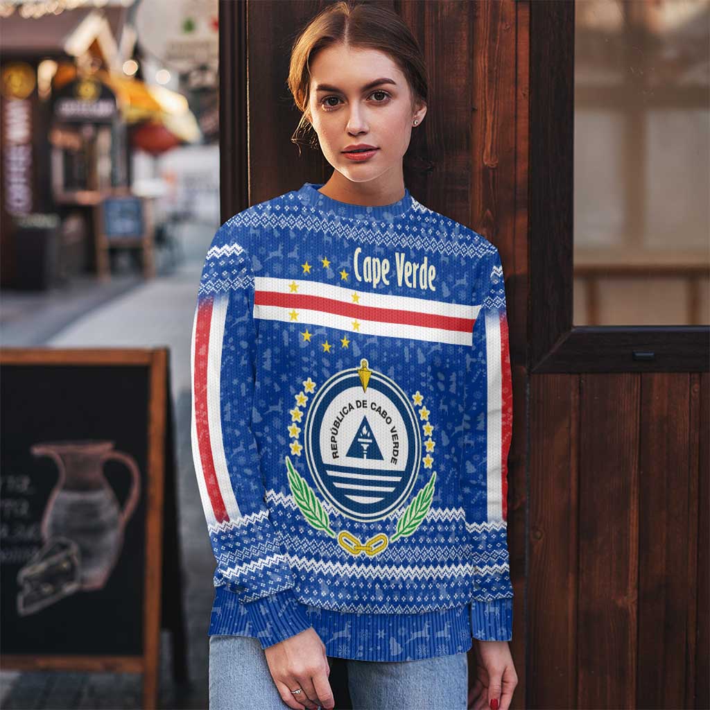Cape Verde Christmas Ugly Christmas Sweater with Blue Festive Pattern Sailing Santa and National Emblem Motif - Wonder Print Shop