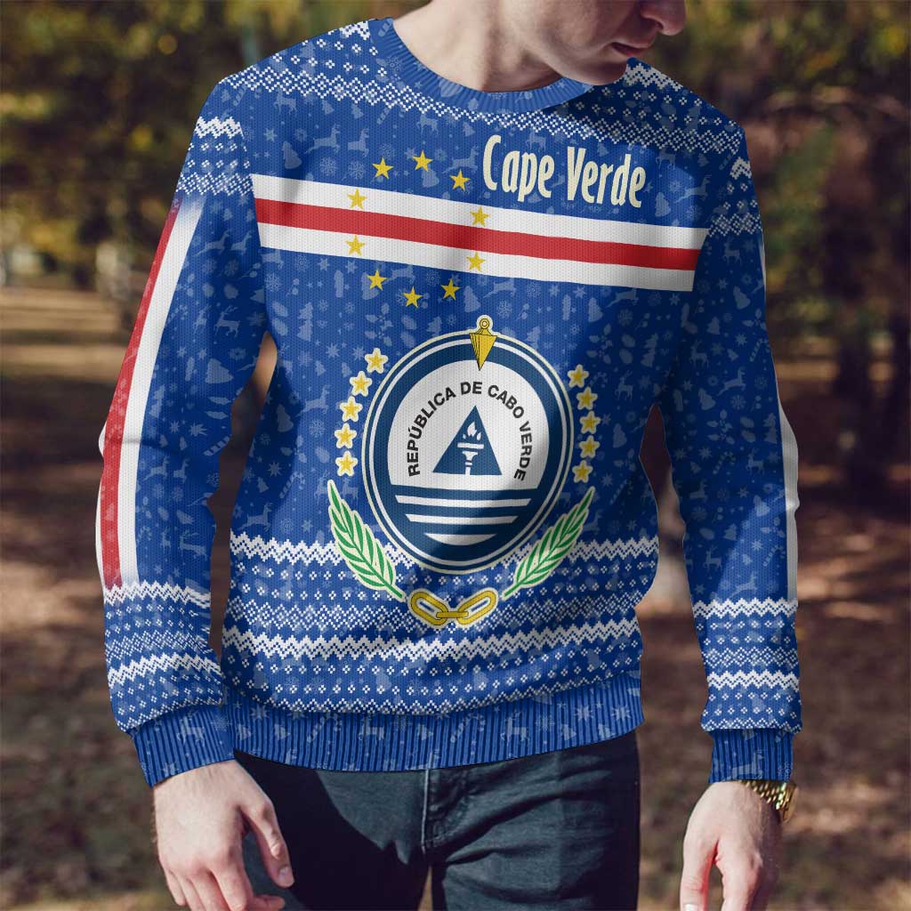 Cape Verde Christmas Ugly Christmas Sweater with Blue Festive Pattern Sailing Santa and National Emblem Motif - Wonder Print Shop