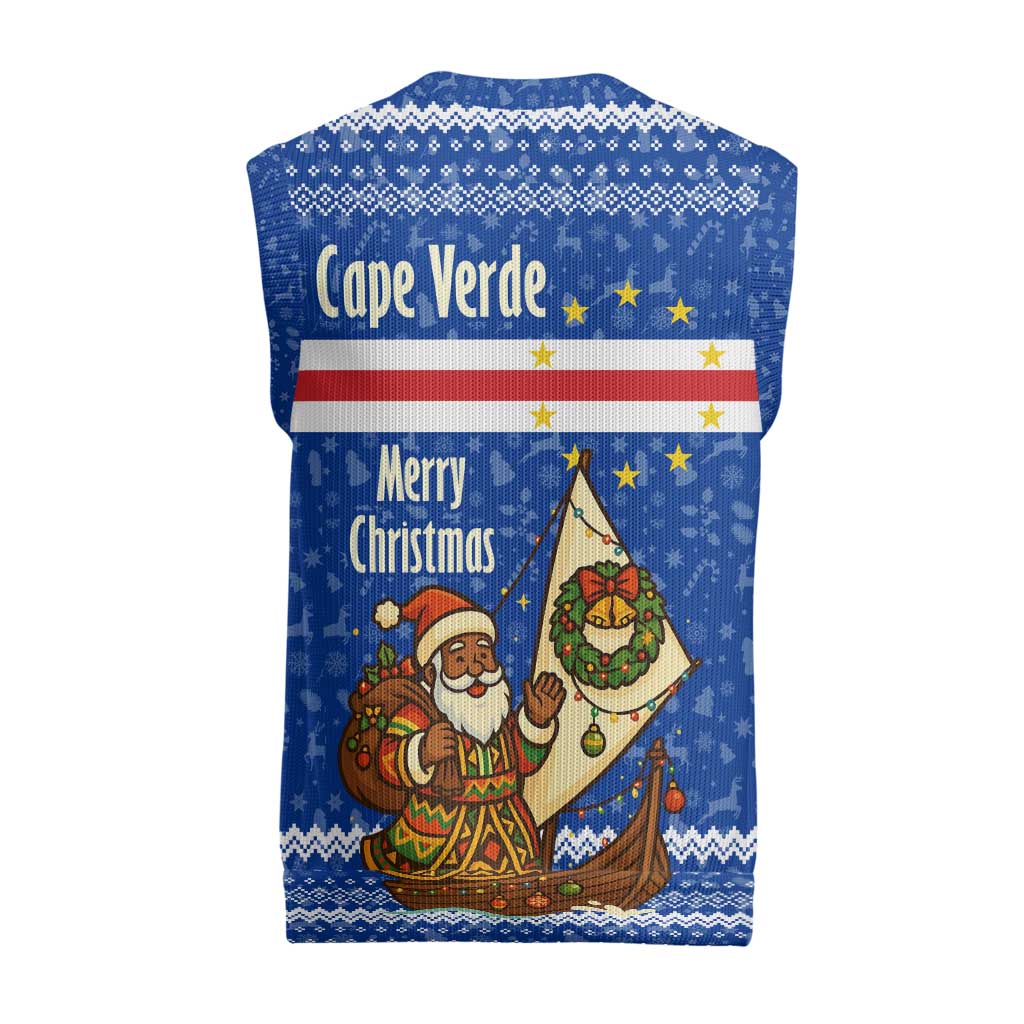 Cape Verde Christmas Knitted V-Neck Vest with Blue Festive Pattern Sailing Santa and National Emblem Motif - Wonder Print Shop