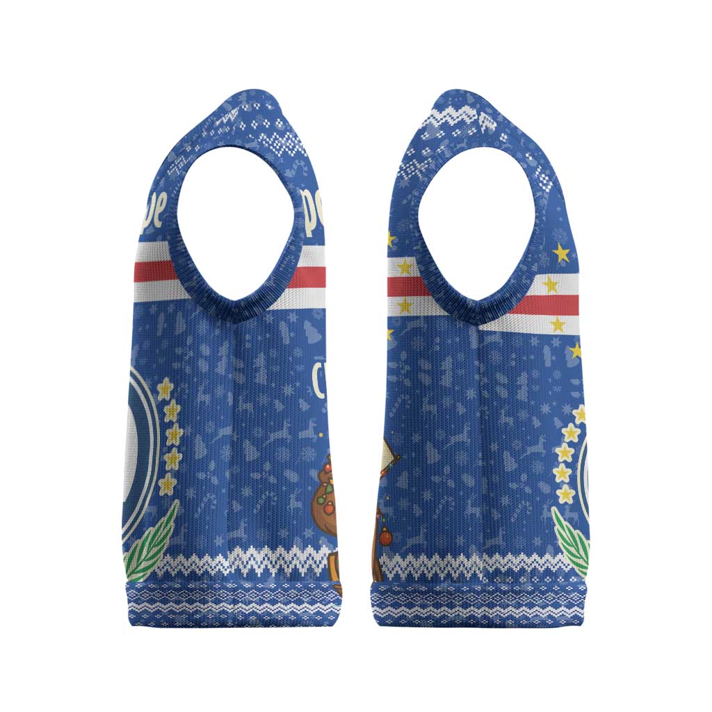 Cape Verde Christmas Knitted V-Neck Vest with Blue Festive Pattern Sailing Santa and National Emblem Motif - Wonder Print Shop