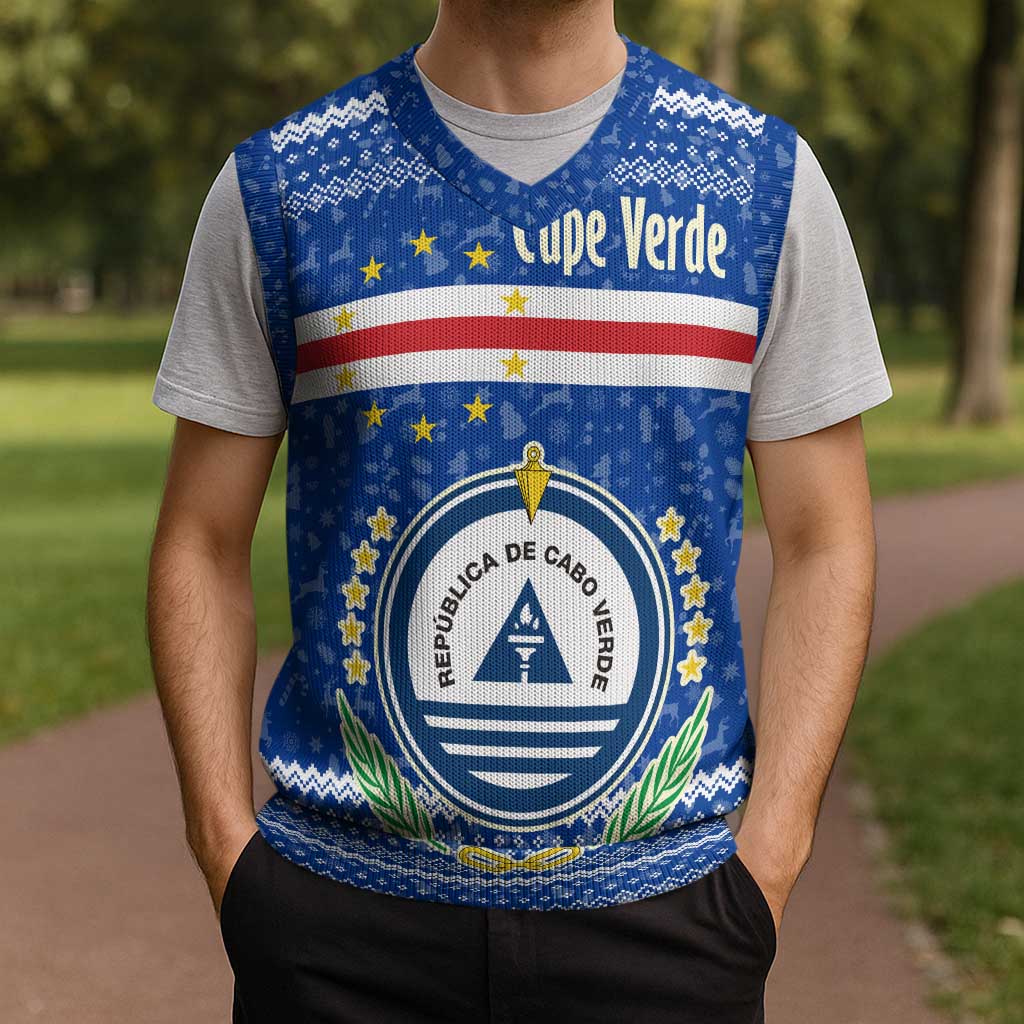 Cape Verde Christmas Knitted V-Neck Vest with Blue Festive Pattern Sailing Santa and National Emblem Motif - Wonder Print Shop