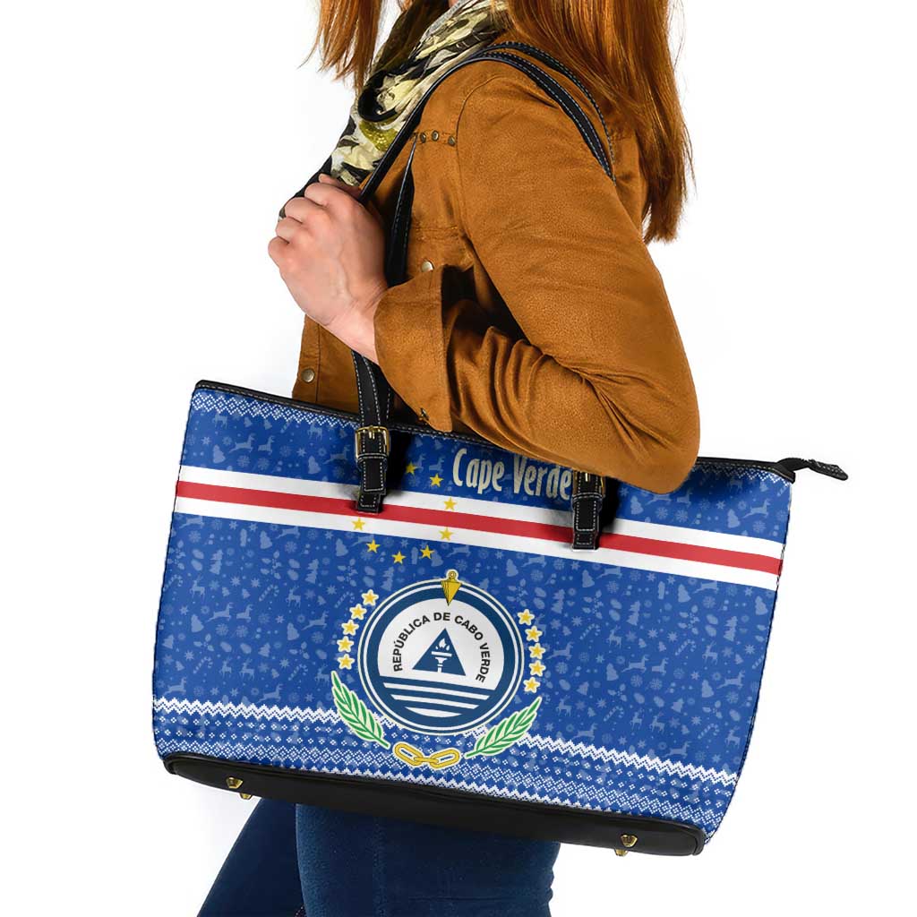 Cape Verde Christmas Leather Tote Bag with Blue Festive Pattern Sailing Santa and National Emblem Motif - Wonder Print Shop