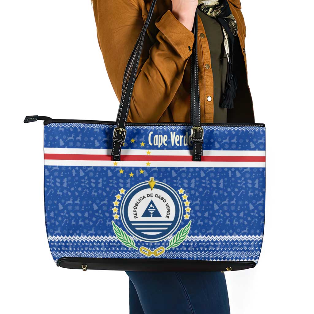 Cape Verde Christmas Leather Tote Bag with Blue Festive Pattern Sailing Santa and National Emblem Motif - Wonder Print Shop