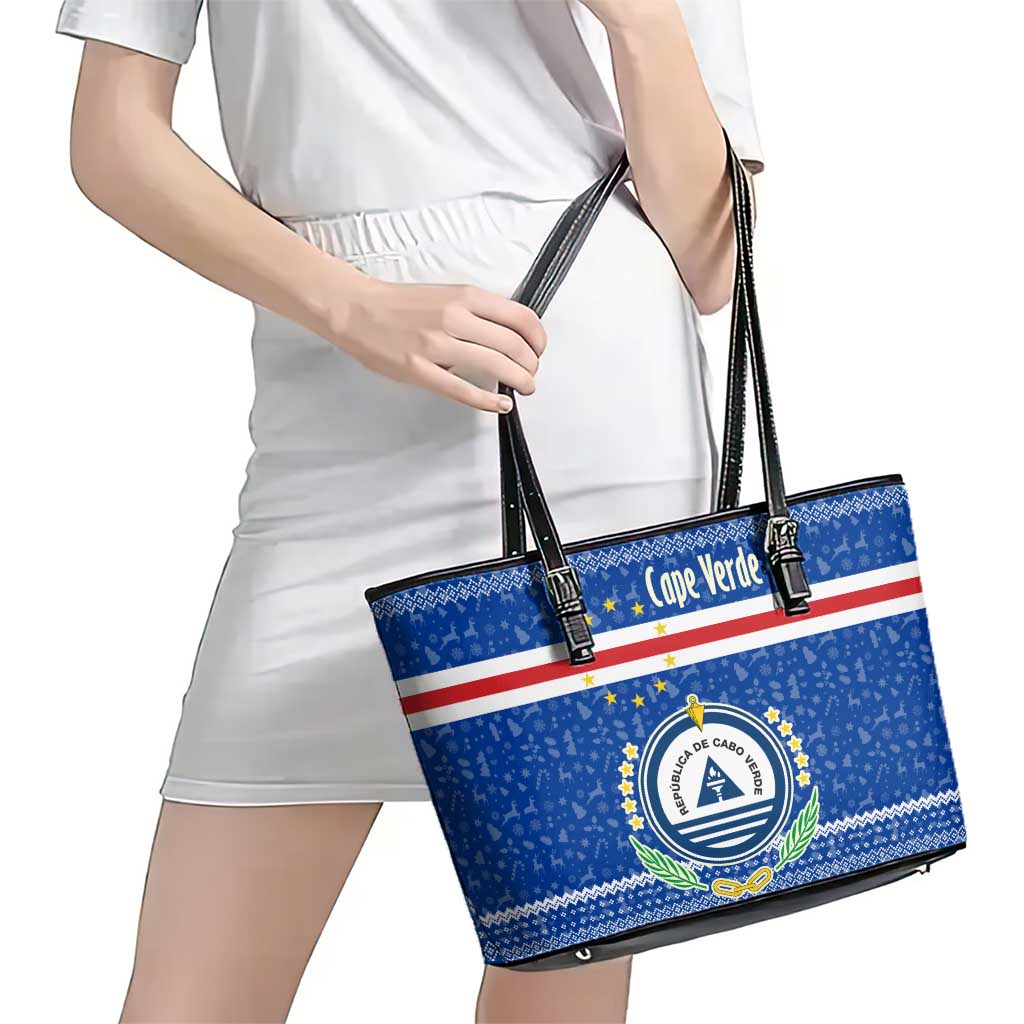 Cape Verde Christmas Leather Tote Bag with Blue Festive Pattern Sailing Santa and National Emblem Motif - Wonder Print Shop