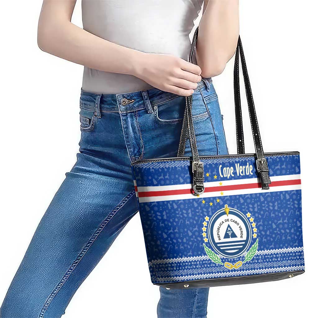 Cape Verde Christmas Leather Tote Bag with Blue Festive Pattern Sailing Santa and National Emblem Motif - Wonder Print Shop