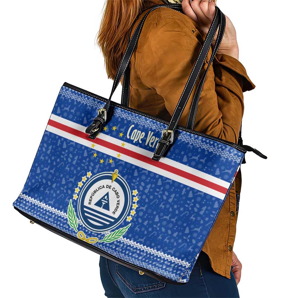 Cape Verde Christmas Leather Tote Bag with Blue Festive Pattern Sailing Santa and National Emblem Motif - Wonder Print Shop