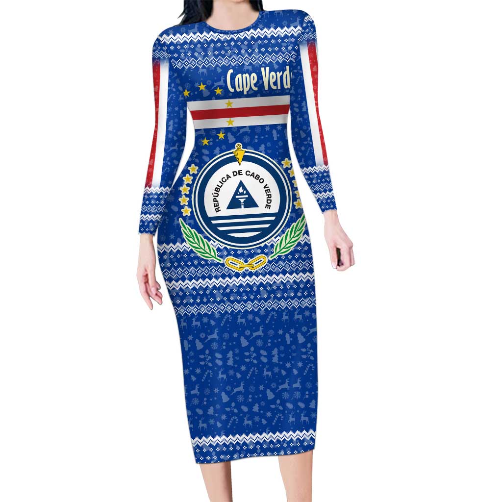 Cape Verde Christmas Long Sleeve Bodycon Dress with Blue Festive Pattern Sailing Santa and National Emblem Motif - Wonder Print Shop